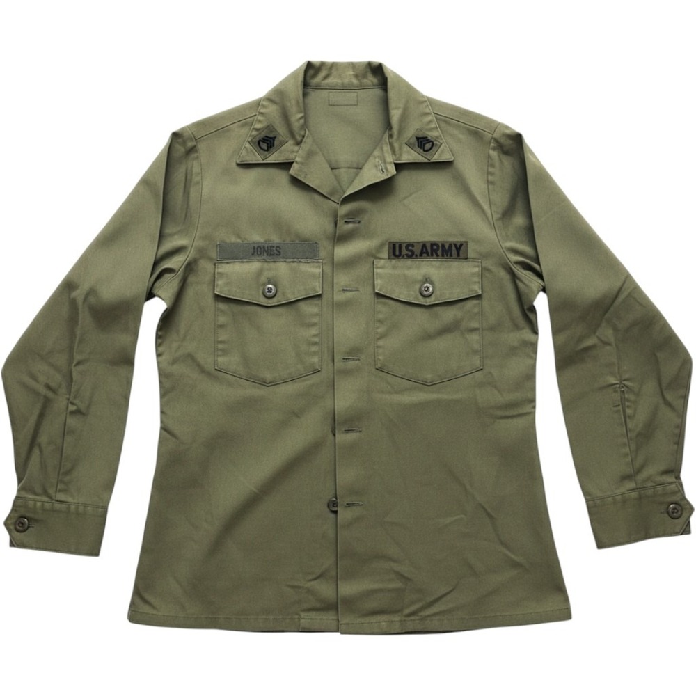 Vintage US Army OG-507 Utility Shirt Olive Drab Field Jacket SSG Rank Jones